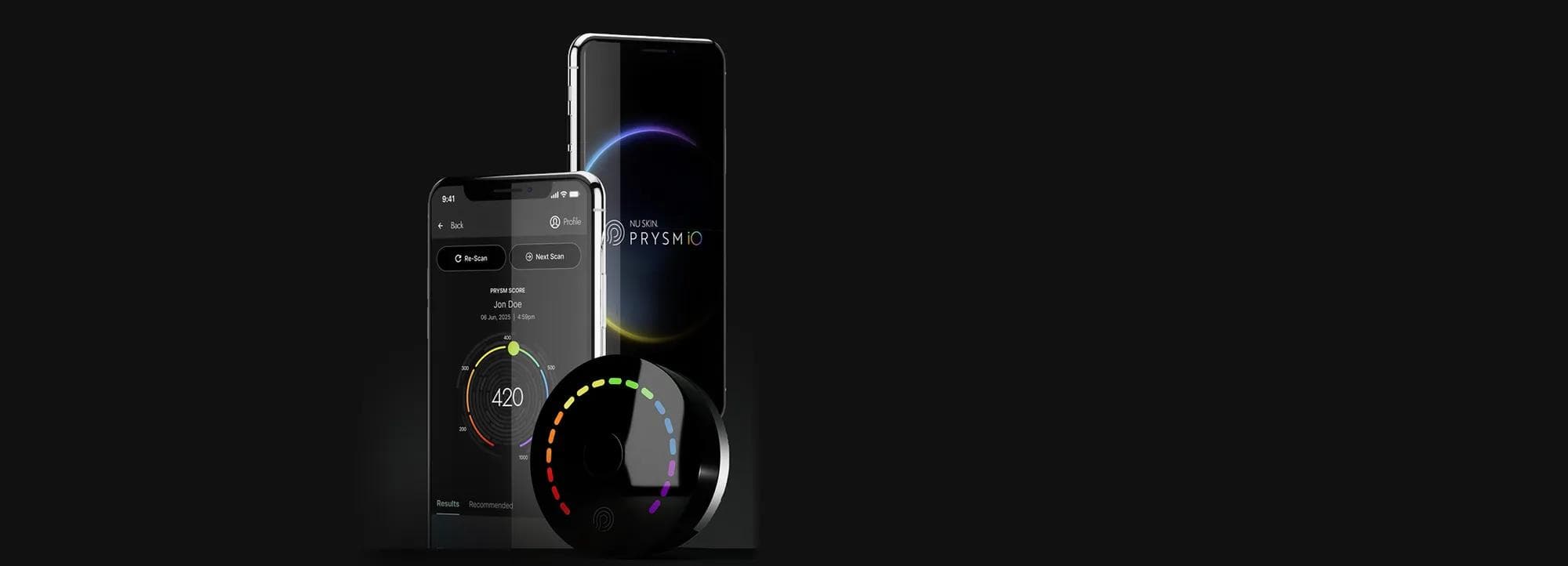 The Prysm iO scanner beside phones showing the app and a wellness score